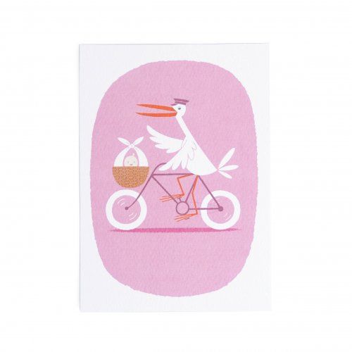 Kaart, ooievaar op fiets, roze 