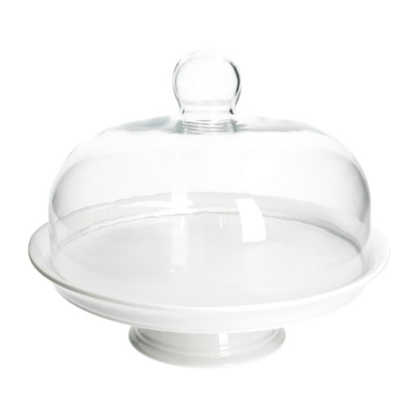 Taartplateau, porselein, met glazen stolp,Ø 30 cm