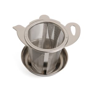 Tea strainer with wide rim and drip tray, stainless steel