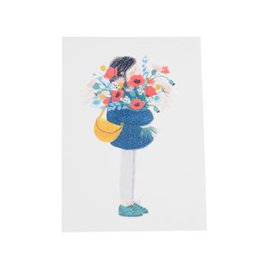Carte, fillette avec bouquet de fleurs  