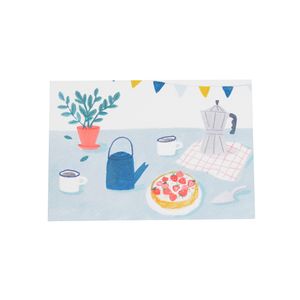 Card, cake on the table 