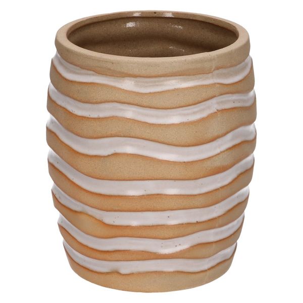 Bloempot, aardewerk, zandkleurig met wit golvende strepen, Ø 12,5 x 14 cm