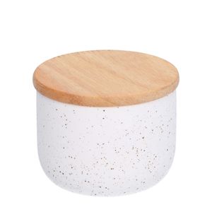 Pot avec couvercle en bois, céramique, blanc moucheté, Ø 8,2 cm 