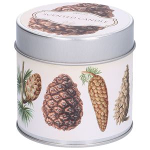 Geurkaars vanille, blikje met dennenappelprint