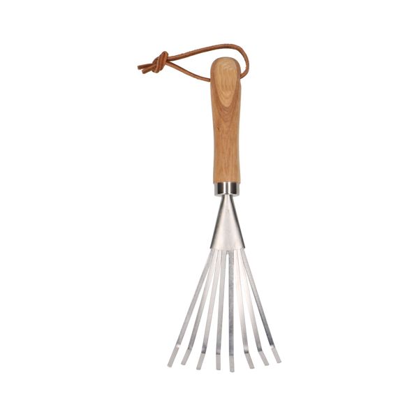 Hand rake, stainless steel and wood