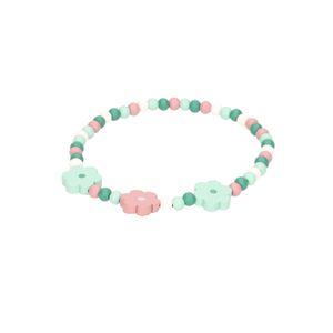 Necklace with flowers, wood, pink/green, 3+