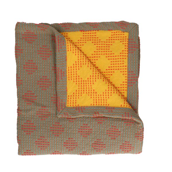 Plaid, dubbelzijdig, groengrijs/geel/rood, 140 x 140 cm