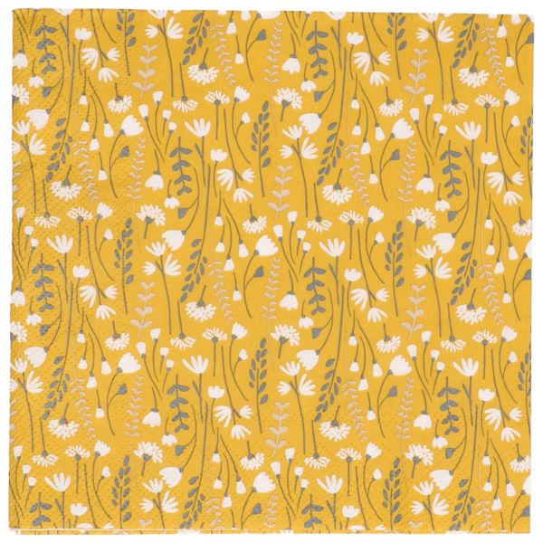 Serviettres de table en papier, jaune à motif de fleurs des champs, 33 x 33 cm