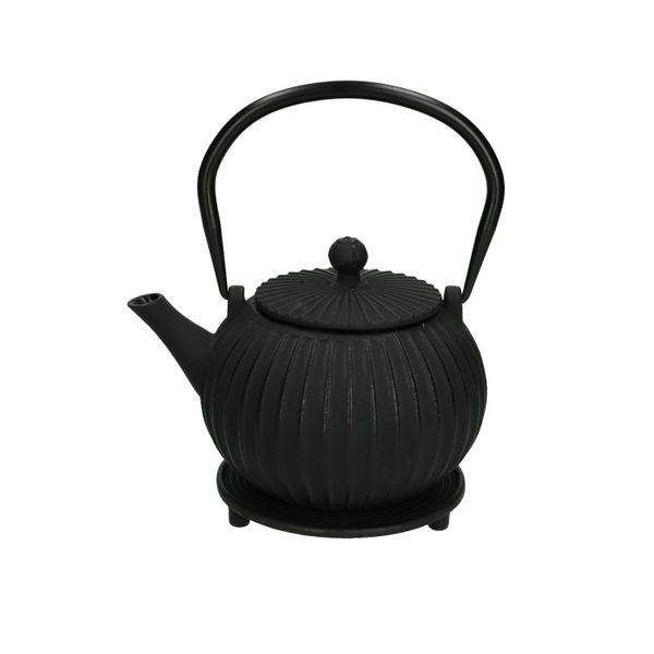 Theepot met onderzetter, gietijzer, zwart