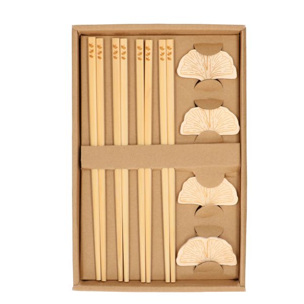 Eetstokjes, bamboe, met ginkoblad, set van 4