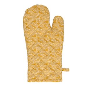 Oven glove, organic cotton, ochre yellow with ginkgo pattern