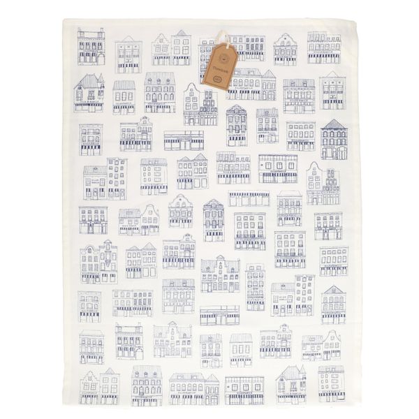 Tea towel, organic cotton, white with blue façades, 50 x 70 cm