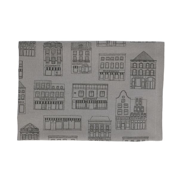Essuie de vaisselle, coton bio, gris à motif de façades noires, 50 x 70 cm