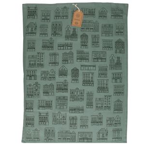 Tea towel, organic cotton, green-grey with black façades, 50 x 70 cm
