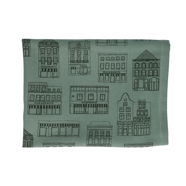 Tea towel, organic cotton, green-grey with black façades, 50 x 70 cm