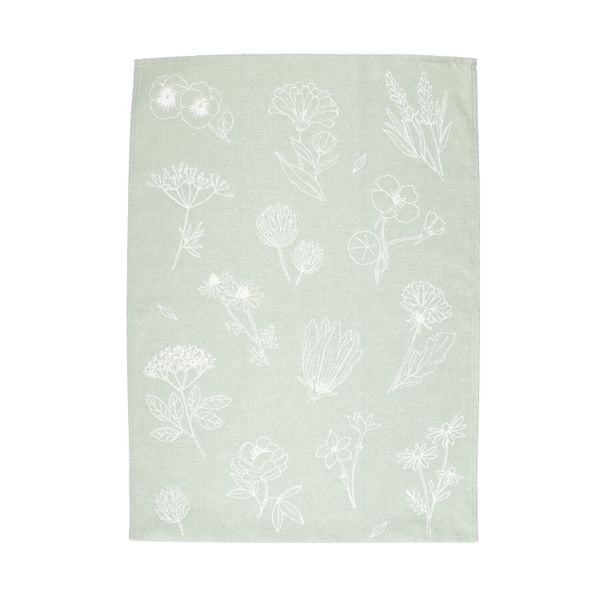 Theedoek, katoen, groen/wit met bloemenmotief
