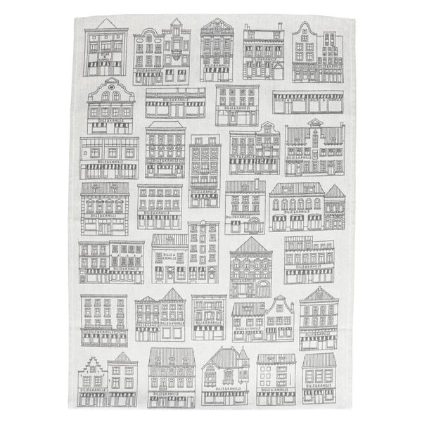 Tea towel, cotton, white/black with façade pattern