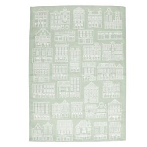 Tea towel, cotton, green/white with façade pattern 