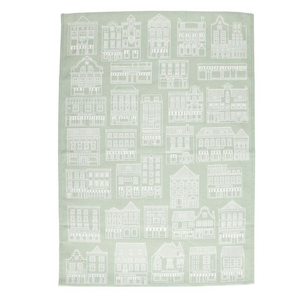 Tea towel, cotton, green/white with façade pattern 