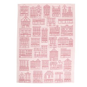 Tea towel, cotton, white/red with façade pattern