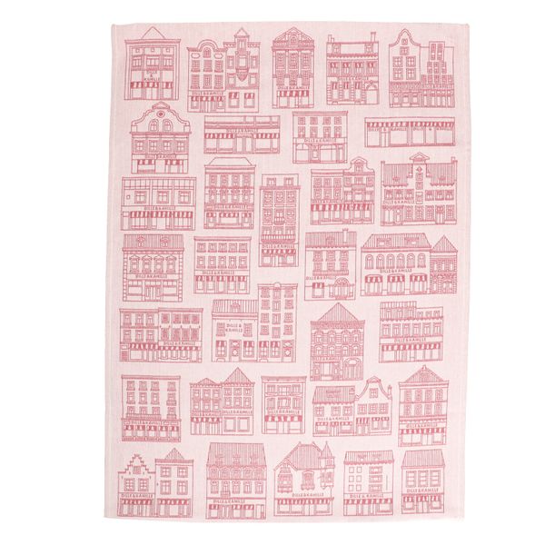 Theedoek, katoen, wit/rood met gevelmotief