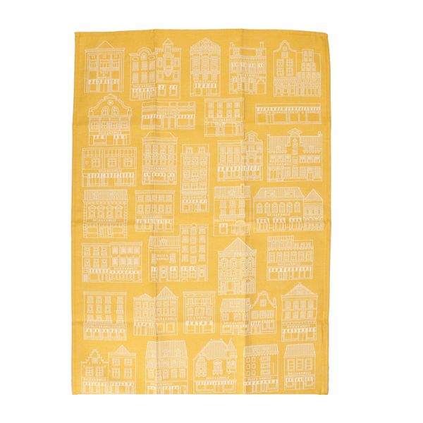 Theedoek, katoen, geel/wit met gevelmotief