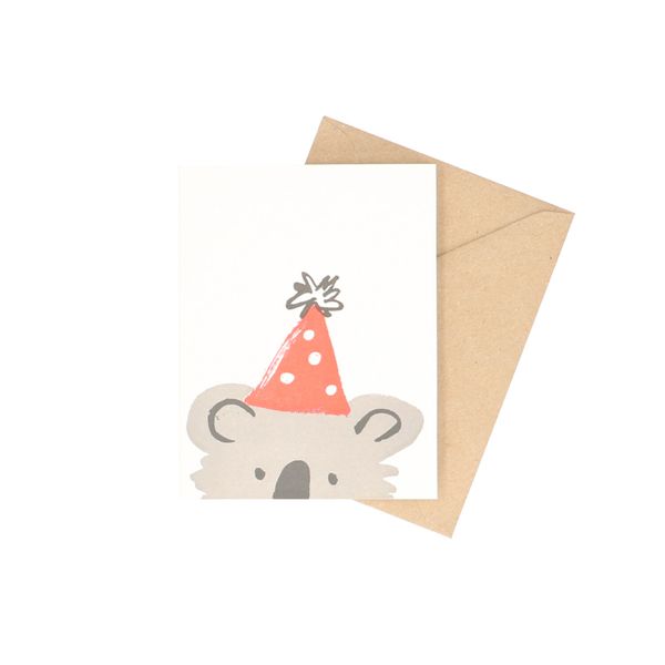 Card with envelope, koala with party hat