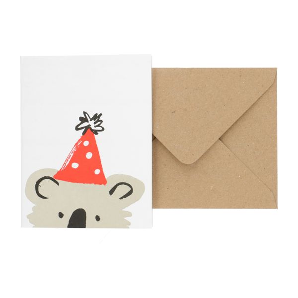 Kaart met envelop, koala met feestmuts