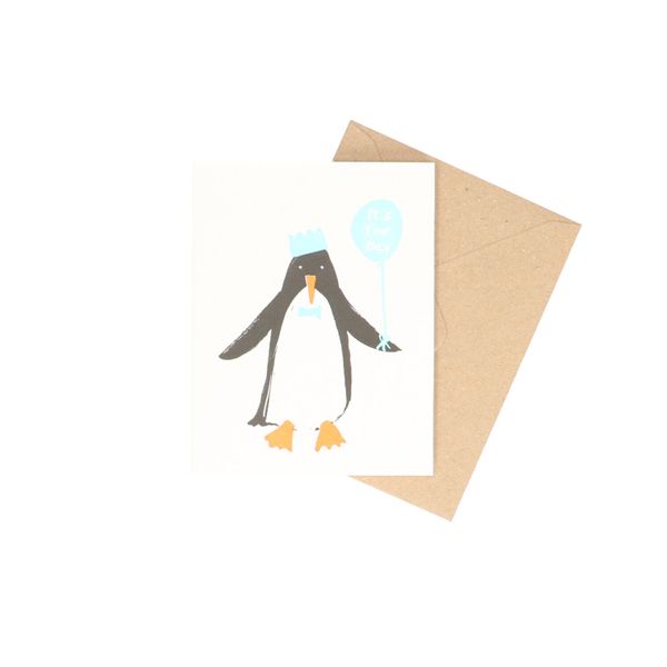 Carte + enveloppe, pinguin avec ballon