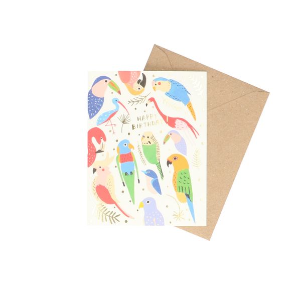 Image of Kaart met envelop, verjaardag, tropische vogels