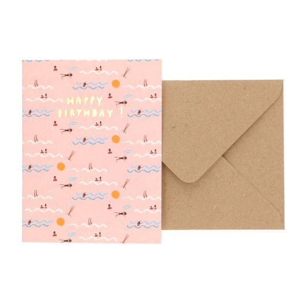 Kaart met envelop, verjaardag, zwemmen