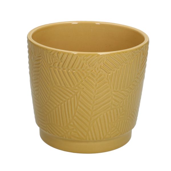 Bloempot, aardewerk, okergeel met bladreliëf, Ø 14 cm