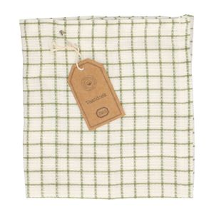 Dishcloth, organic cotton, white/olive green chequered