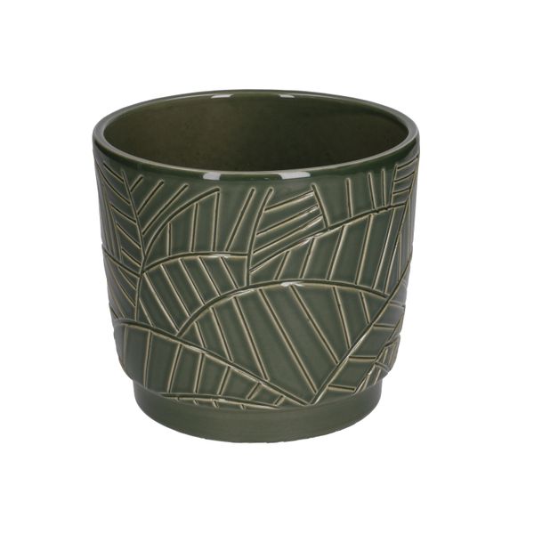 Bloempot, aardewerk, donkergroen met palmmotief,Ø 14 cm