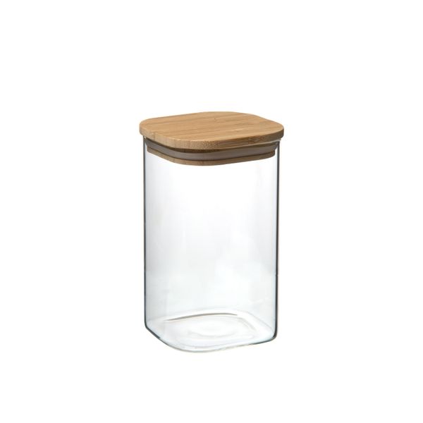 Opbergpot vierkant, glas en bamboe, 540 ml