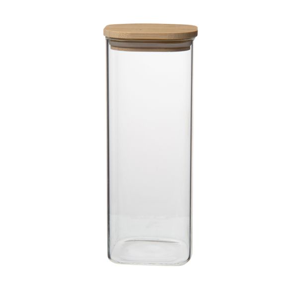 Storage jar square, glass and bamboo, 980 ml