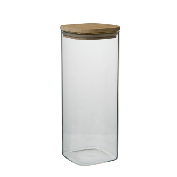 Opbergpot vierkant, glas en bamboe, 980 ml