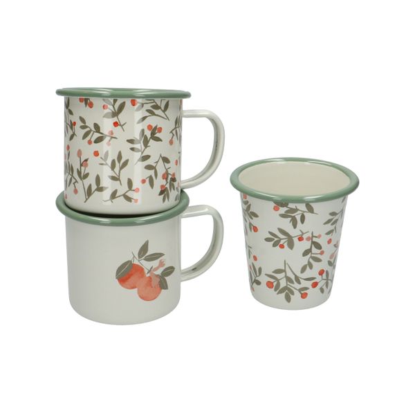 Beker met oor, emaille, sinaasappels,  Ø 9 cm