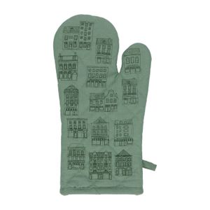 Oven glove, organic cotton, grey-green with façades