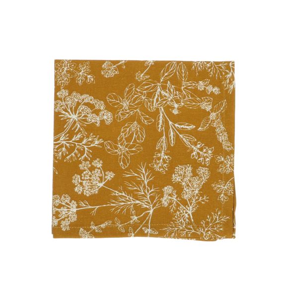 Serviette, Bio-Baumwolle, ockergelb mit Kräuternmotiv