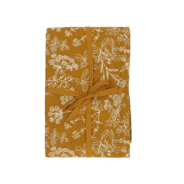 Tischdecke, Bio-Baumwolle, ockergelb mit Kräuternmotiv, 140 x 180 cm
