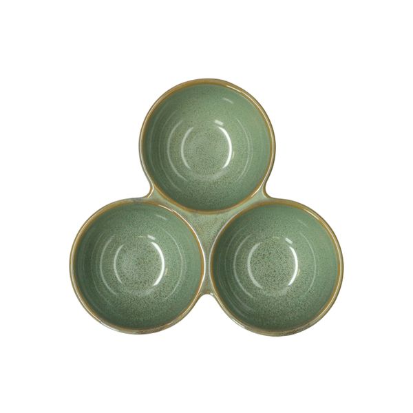 Serving dish with 3 bowls, reactive glaze, stoneware, green