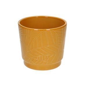 Pot de fleur, céramique, jaune ocre à relief de feuilles de palmier, Ø 14 cm