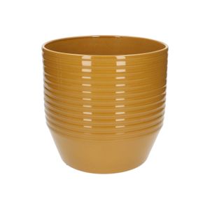 Bloempot, aardewerk, okergeel met ribbels, Ø 23 cm