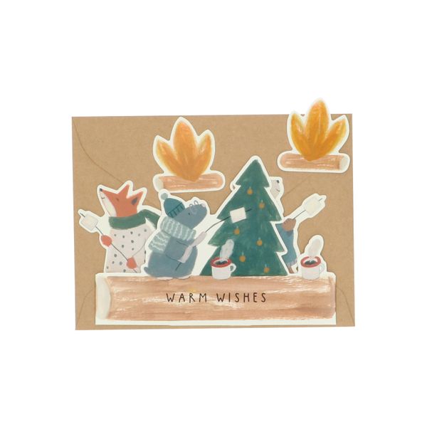 Kerstkaart met envelop, uitklapbaar, bosdieren bij kampvuur 