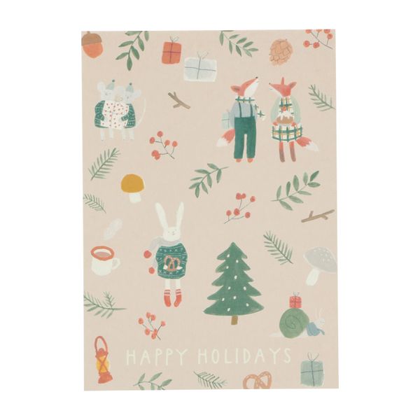 Kerstkaart, bosdieren en cadeautjes