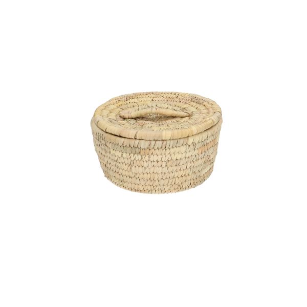 Omgeving nooit spiraal Mand met deksel, rond, kansgras en dadelblad, klein | Rieten manden | Dille & Kamille Omgeving nooit spiraal Mand met deksel, rond, kansgras en dadelblad, klein | Rieten manden | Dille & Kamille