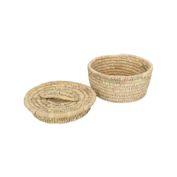 Basket with lid, round, wild sugarcane and raffia, small