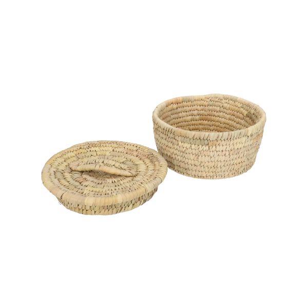 Korb mit Deckel, rund, Kans-Gras und Dattelblätter, klein