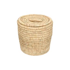 Basket with lid, round, wild sugarcane and raffia, medium